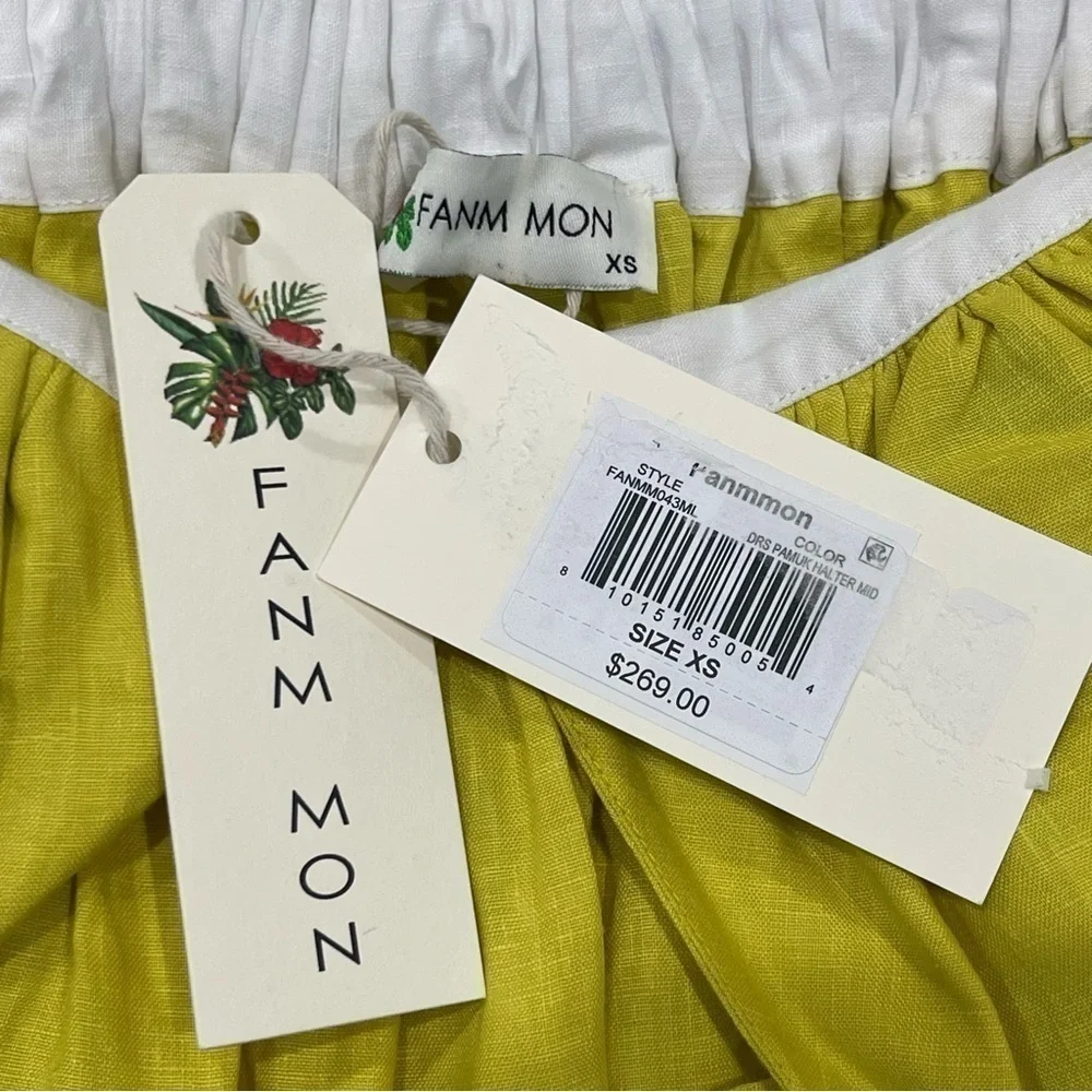 Fanm Mon Yamile 100% Linen Floral Embroidered Halter Midi Dress Mustard Lime NWT
